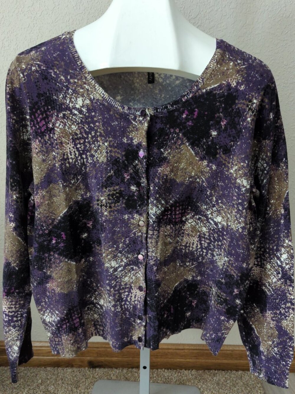 Relativity Long Sleeve Crew Neck Purple & Tan Cardigan Sweater XL Lightweight